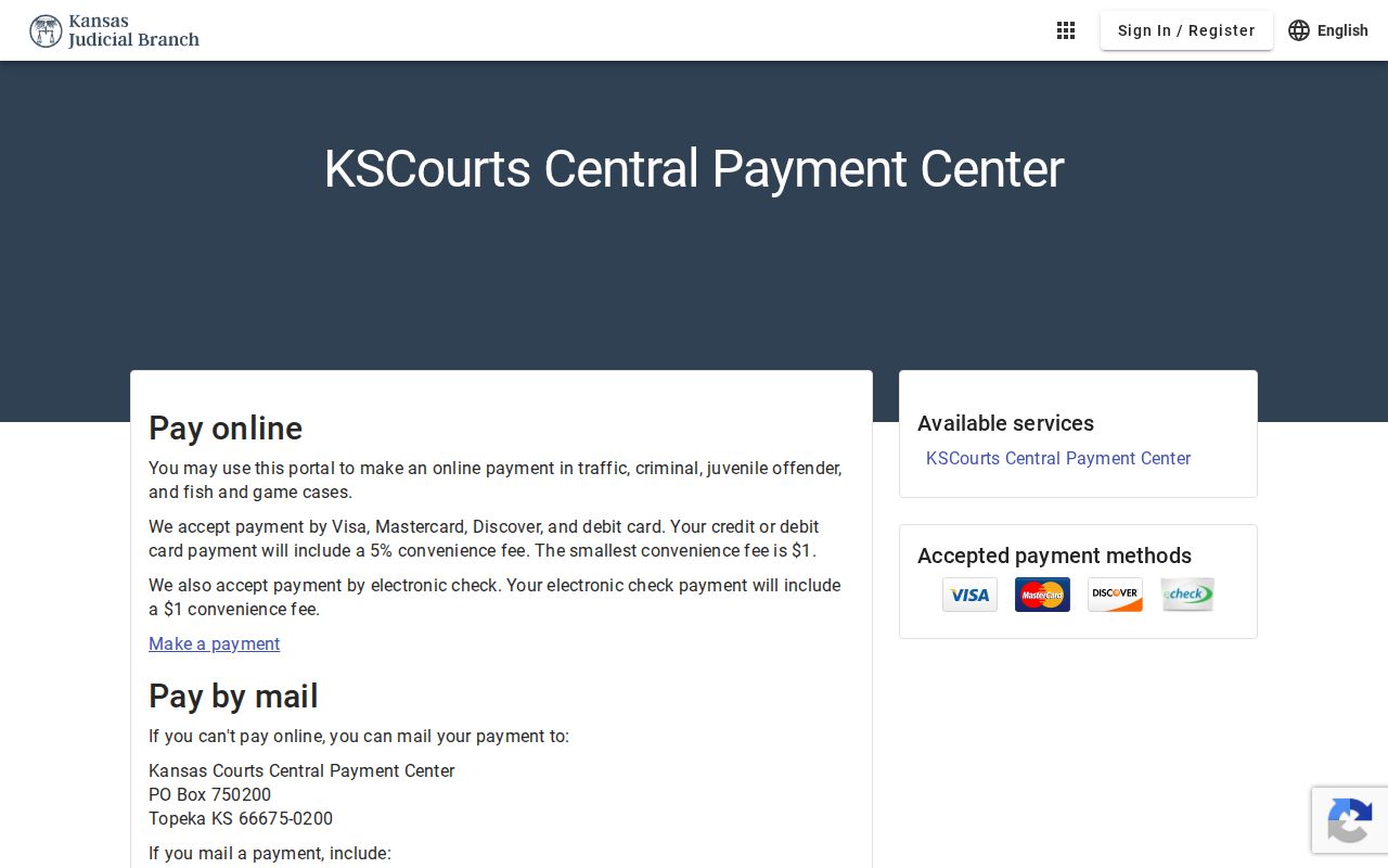 Kansas Central Payment Center interface requiring a Barton court check